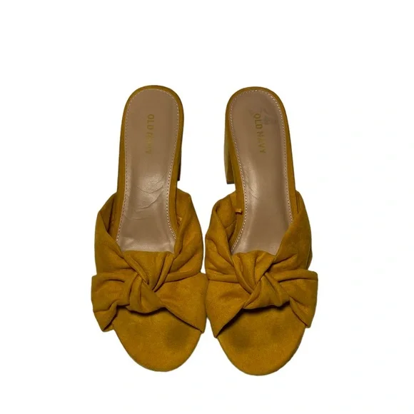 Old Navy Faux Suede Knotted Mustard Block Heel Mules Size 9 - Picture 2 of 7